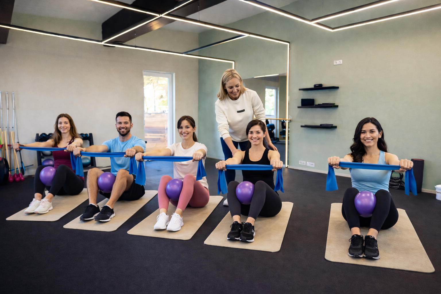 Pilates class in action with instructor